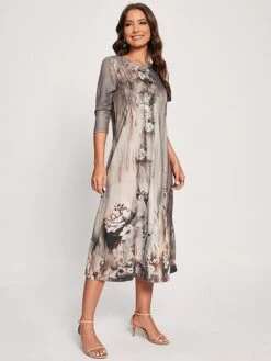 Women's Casual Dress Summer Dress Print Dress Floral Ruched Print Crew Neck Midi Dress Active Fashion Outdoor Daily 3/4 Length Sleeve Regular Fit Dark Green Purple Fuchsia Summer Spring S M L XL XXL