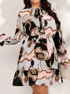 Women's Plus Size Curve Casual Dress Chiffon Dress A Line Dress Geometric Color Block Midi Dress Long Sleeve Lace Up Print Stand Collar Fashion Daily Pink Blue Fall Winter L XL XXL 3XL 4XL -Casual Print Dress Sales dhcujl1695025296716