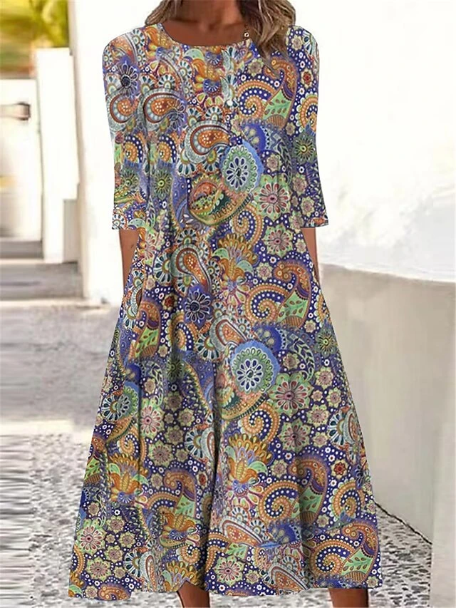 Women's Casual Dress Summer Dress Print Dress Floral Paisley Ruched Print Crew Neck Midi Dress Active Fashion Outdoor Daily 3/4 Length Sleeve Regular Fit Yellow Royal Blue Blue Summer Spring S M L XL 4 Women's Casual Dress Summer Dress Print Dress Floral Paisley Ruched Print Crew Neck Midi Dress Active Fashion Outdoor Daily 3/4 Length Sleeve Regular Fit Yellow Royal Blue Blue Summer Spring S M L XL - Image 4