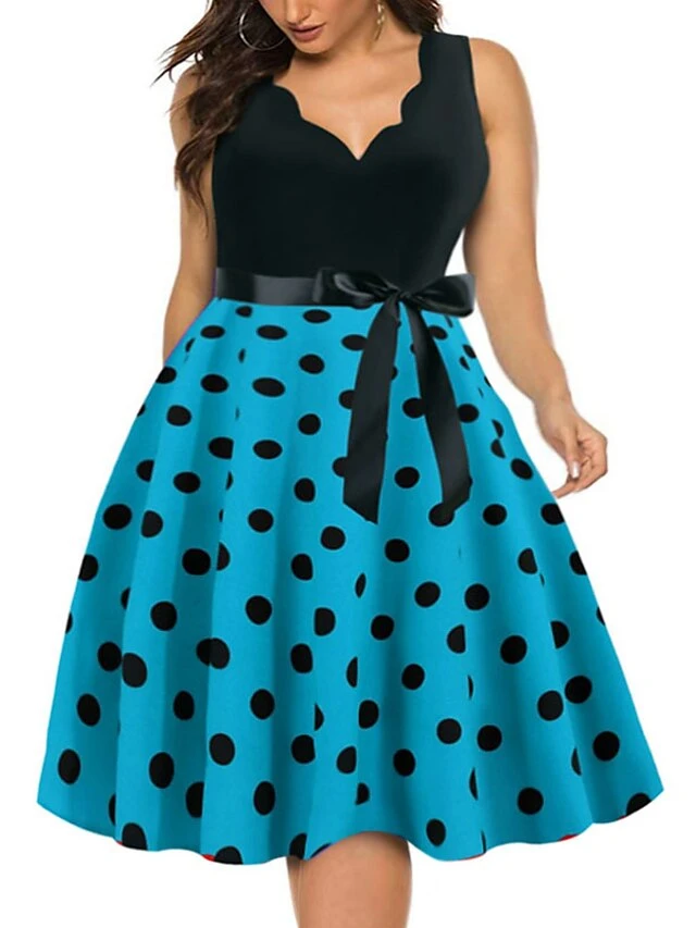Women's Plus Size Curve Party Dress Polka Dot V Neck Bow Sleeveless Fall Spring Vintage 1950s Elegant Knee Length Dress Formal Party Dress 5 Women's Plus Size Curve Party Dress Polka Dot V Neck Bow Sleeveless Fall Spring Vintage 1950s Elegant Knee Length Dress Formal Party Dress - Image 5