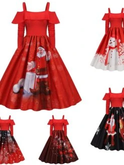 Women's Christmas Vintage DressKnee Length Dress Wine Light Red Red White Black Long Sleeve Santa Claus Elk Snowman Cold Shoulder Print Fall Winter Spaghetti Strap Vacation Vintage 2022