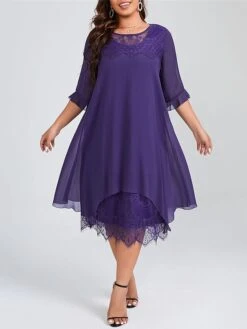Women's Plus Size Curve Winter Dress Casual Dress Lace Dress Plain Midi Dress 3/4 Length Sleeve Lace Ruched Crew Neck Fashion Daily Purple Fall Winter L XL XXL 3XL 4XL