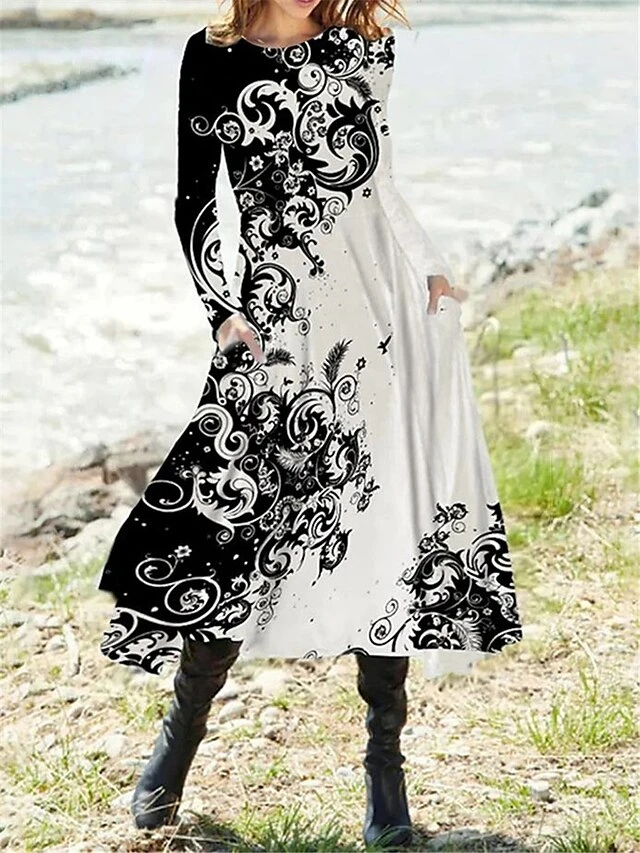Women's Casual Dress Winter Dress Ethnic Dress Floral Tribal Pocket Print Crew Neck Midi Dress Vintage Ethnic Outdoor Daily Long Sleeve Regular Fit Black White Yellow Fall Winter S M L XL XXL 2 Women's Casual Dress Winter Dress Ethnic Dress Floral Tribal Pocket Print Crew Neck Midi Dress Vintage Ethnic Outdoor Daily Long Sleeve Regular Fit Black White Yellow Fall Winter S M L XL XXL - Image 2