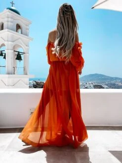 Women's Casual Dress Swing Dress Long Dress Maxi Dress Orange Green 3/4 Length Sleeve Pure Color Ruffle Summer Spring Off Shoulder Casual 2023 S M L XL -Casual Print Dress Sales djoukk1646211878047