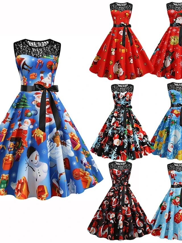 Women‘s Christmas Retro 1950s Vintage Dress Midi Dress Party Patchwork Bow Santa Claus Crew Neck Sleeveless Regular Fit Fall Winter 2023 Black Wine S M L XL 1 Women‘s Christmas Retro 1950s Vintage Dress Midi Dress Party Patchwork Bow Santa Claus Crew Neck Sleeveless Regular Fit Fall Winter 2023 Black Wine S M L XL