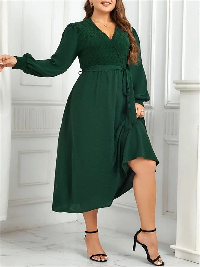 Women's Plus Size Curve Casual Dress Sheath Dress Plain Midi Dress Long Sleeve Lace Up Split V Neck Fashion Outdoor Green Fall Winter XL XXL 3XL 4XL 2 Women's Plus Size Curve Casual Dress Sheath Dress Plain Midi Dress Long Sleeve Lace Up Split V Neck Fashion Outdoor Green Fall Winter XL XXL 3XL 4XL - Image 2