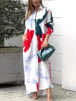 Women's Long Dress Maxi Dress Shirt Dress Casual Dress Satin Dress Graphic Fashion Streetwear Outdoor Daily Vacation Button Print 3/4 Length Sleeve Shirt Collar Dress Loose Fit White Summer Spring S