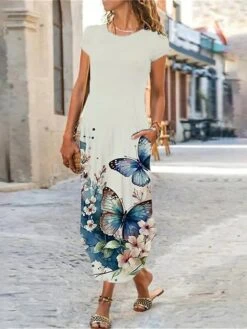 Women's Casual Dress Shift Dress Summer Dress Floral Butterfly Pocket Split Crew Neck Long Dress Maxi Dress Fashion Streetwear Outdoor Daily Short Sleeve Regular Fit White Red Navy Blue Summer Spring -Casual Print Dress Sales dmmubk1686913338073