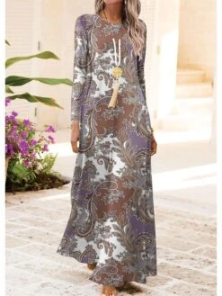 Women's Casual Dress Swing Dress A Line Dress Paisley Print Crew Neck Long Dress Maxi Dress Fashion Streetwear Outdoor Daily Long Sleeve Regular Fit Blue Brown Fall Winter S M L XL XXL -Casual Print Dress Sales dmqvbz1697455720508