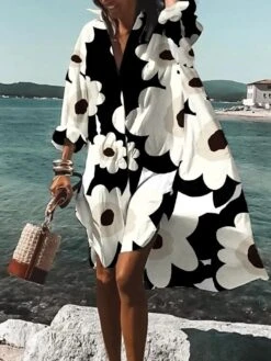 Women's Shirt Dress Casual Dress A Line Dress Midi Dress Winter Dress Daily Holiday Polyester Vacation Stylish Shirt Collar High Low Dress Print Long Sleeve Summer Spring Fall 2022 Loose Fit White
