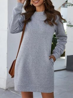 Women's Casual Dress Plain Dress Midi Dress Ruched Daily Holiday Vacation Fashion Modern Crew Neck Long Sleeve 2023 Loose Fit Black Pink Wine Color S M L XL XXL Size