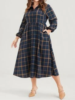 Women's Plus Size Curve Shirt Dress Casual Dress Swing Dress Plaid Midi Dress Long Sleeve Button Pocket Shirt Collar Fashion Outdoor Dark Blue Fall Winter L XL 2XL 3XL 4XL -Casual Print Dress Sales dnfqui1697164651921