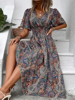 Women's Casual Dress Summer Dress Floral Print V Neck Long Dress Maxi Dress Basic Daily Short Sleeve Loose Fit Blue Summer Spring S M L XL XXL