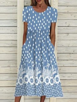 Women's Casual Dress Floral Dress Summer Dress Floral Ditsy Floral Pocket Print Crew Neck Midi Dress Fashion Streetwear Outdoor Daily Short Sleeve Loose Fit Navy Blue Royal Blue Blue Summer Spring S -Casual Print Dress Sales dopwpw1686309301992