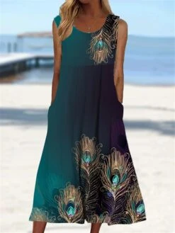 Women's Casual Dress Tank Dress Floral Feather Pocket Crew Neck Midi Dress Active Going Out Sleeveless Regular Fit Light Green Navy Blue Blue Summer Spring S M L XL XXL -Casual Print Dress Sales dopykr1688036374689