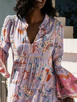 Women's Casual Dress Summer Dress Floral Print V Neck Mini Dress Modern Vacation Long Sleeve Regular Fit Pink Summer Spring S M L XL XXL -Casual Print Dress Sales doqxxh1675672789055