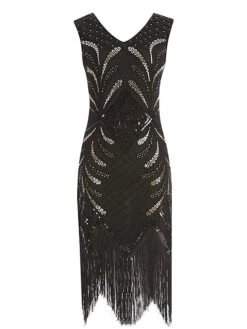 Women's Retro 1920s Fringe Dress Midi Dress Party Halloween Sequins Tassel Fringe Floral V Neck Sleeveless Regular Fit Spring Fall 2023 Black Gold S M L XL -Casual Print Dress Sales dorain1692947807621