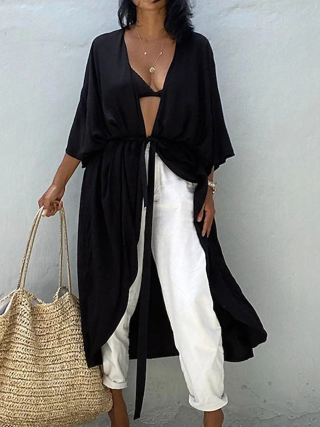 Women's Swimwear Cover Up Beach Top Normal Swimsuit Lace Up Pleated UV Protection Pure Color Black White Red Royal Blue Beige V Wire Bathing Suits New Vacation Holiday 9 Women's Swimwear Cover Up Beach Top Normal Swimsuit Lace Up Pleated UV Protection Pure Color Black White Red Royal Blue Beige V Wire Bathing Suits New Vacation Holiday - Image 9