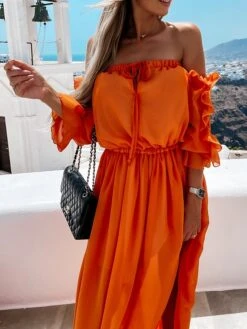 Women's Casual Dress Swing Dress Long Dress Maxi Dress Orange Green 3/4 Length Sleeve Pure Color Ruffle Summer Spring Off Shoulder Casual 2023 S M L XL -Casual Print Dress Sales dowhwu1646211873384