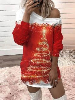 Women‘s Christmas Casual Dress Sweatshirt Dress Mini Dress Warm Fashion Outdoor Holiday Crew Neck Print Snowman Tree Loose Fit Black Red Royal Blue S M L XL XXL -Casual Print Dress Sales dphkbn1694156815511