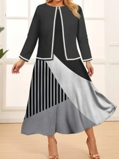 Women's Plus Size Curve Two Piece Dress Set Casual Dress Swing Dress Outdoor Office Fashion Streetwear Print Midi Dress Crew Neck Long Sleeve Geometric Color Block Wine Blue Khaki Spring Fall L
