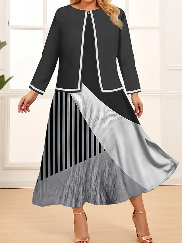 Women's Plus Size Curve Two Piece Dress Set Casual Dress Swing Dress Outdoor Office Fashion Streetwear Print Midi Dress Crew Neck Long Sleeve Geometric Color Block Wine Blue Khaki Spring Fall L 1 Women's Plus Size Curve Two Piece Dress Set Casual Dress Swing Dress Outdoor Office Fashion Streetwear Print Midi Dress Crew Neck Long Sleeve Geometric Color Block Wine Blue Khaki Spring Fall L