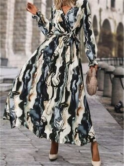 Women's Casual Dress Swing Dress Wrap Dress Ombre Marble Print Lace Up Print V Neck Long Dress Maxi Dress Fashion Streetwear Outdoor Street Long Sleeve Loose Fit Blue Summer Spring S M L XL