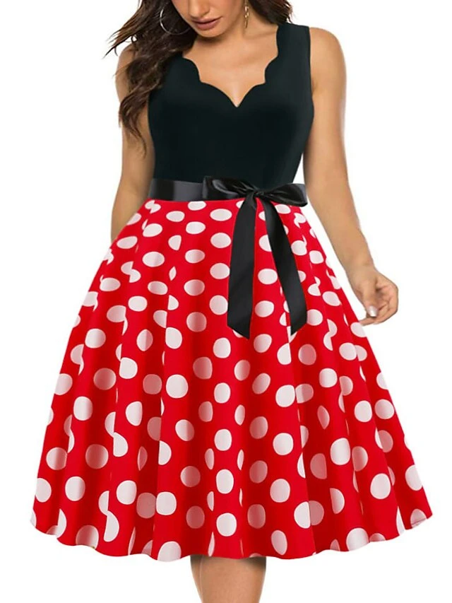 Women's Plus Size Curve Party Dress Polka Dot V Neck Bow Sleeveless Fall Spring Vintage 1950s Elegant Knee Length Dress Formal Party Dress 13 Women's Plus Size Curve Party Dress Polka Dot V Neck Bow Sleeveless Fall Spring Vintage 1950s Elegant Knee Length Dress Formal Party Dress - Image 13