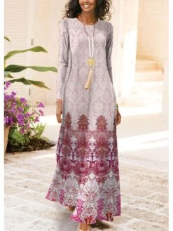 Women's Casual Dress Swing Dress A Line Dress Graphic Print Crew Neck Long Dress Maxi Dress Fashion Streetwear Outdoor Daily Long Sleeve Regular Fit Yellow Pink Blue Fall Winter One-Size S M L XL