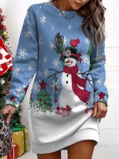 Women's Christmas Casual Dress Sweatshirt Dress Mini Dress Warm Fashion Outdoor Vacation Crew Neck Print Snowman Loose Fit Wine Navy Blue Blue S M L XL XXL -Casual Print Dress Sales dsqxwv1695278291088