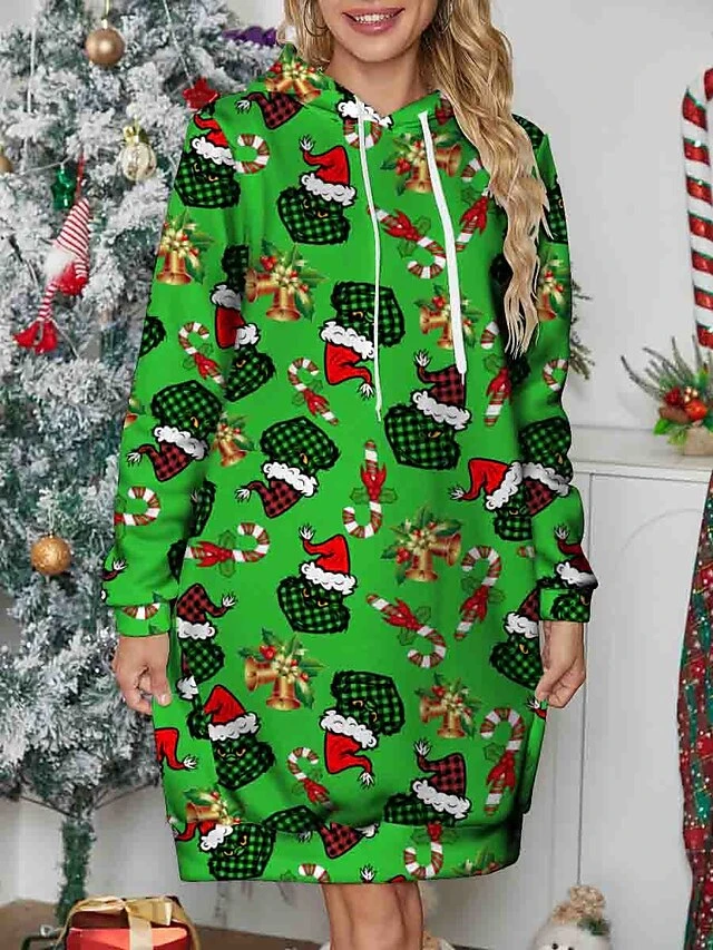 Women's Christmas Dress Hoodie Dress Mini Dress Warm Fashion Outdoor Christmas Holiday Hoodie Print Monster Christmas Hat Loose Fit Green S M L XL XXL 1 Women's Christmas Dress Hoodie Dress Mini Dress Warm Fashion Outdoor Christmas Holiday Hoodie Print Monster Christmas Hat Loose Fit Green S M L XL XXL