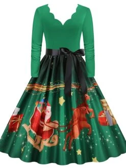 Women's Christmas Party Dress Swing DressKnee Length Dress Green Purple Wine Red Black Long Sleeve Santa Claus Elk Snowman Print Fall Winter V Neck Vintage Party Elegant Party 2022 S M L XL XXL 3XL -Casual Print Dress Sales dtaqnk1667874473807