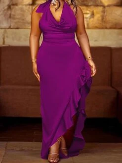 Women‘s Plus Size Curve Party Dress Satin Dress Sheath Dress Solid Color Long Dress Maxi Dress Sleeveless Ruffle Backless Halter Fashion Party Purple Summer Spring L XL XXL