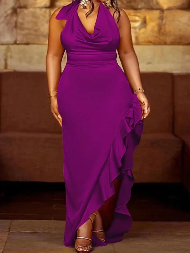 Women‘s Plus Size Curve Party Dress Satin Dress Sheath Dress Solid Color Long Dress Maxi Dress Sleeveless Ruffle Backless Halter Fashion Party Purple Summer Spring L XL XXL 1 Women‘s Plus Size Curve Party Dress Satin Dress Sheath Dress Solid Color Long Dress Maxi Dress Sleeveless Ruffle Backless Halter Fashion Party Purple Summer Spring L XL XXL