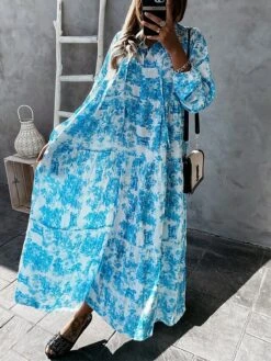 Women's Casual Dress Swing Dress Print Dress Floral Ruched Print V Neck Long Dress Maxi Dress Fashion Streetwear Outdoor Street Long Sleeve Loose Fit Red Blue Green Fall Winter S M L XL XXL -Casual Print Dress Sales dtptdb1694066134257