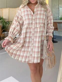 Women's Shirt Dress Casual Dress Mini Dress Outdoor Daily Vacation Polyester Fashion Modern Shirt Collar Button Pocket Long Sleeve Spring Fall Winter 2023 Loose Fit Pink Plaid S M L XL 2XL -Casual Print Dress Sales duhuws1695027666393