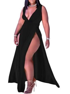 Women‘s Plus Size Curve Holiday Dress Solid Color V Neck Ruched Sleeveless Spring Summer Prom Dress Maxi Long Dress Daily Holiday Dress Split -Casual Print Dress Sales duljza1641980953006