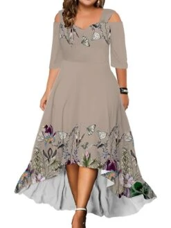Women‘s Plus Size Curve Party Dress Wedding Guest Dress Swing Dress Long Dress Maxi Dress Pink Blue Green 3/4 Length Sleeve Floral Cold Shoulder Summer Spring Fall V Neck Fashion Birthday -Casual Print Dress Sales dumcbr1690280939751