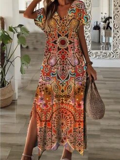 Women's Casual Dress A Line Dress Summer Dress Graphic Split Print V Neck Long Dress Maxi Dress Fashion Streetwear Outdoor Daily Short Sleeve Regular Fit Blue Purple Summer Spring S M L XL XXL -Casual Print Dress Sales duxoku1690771710319