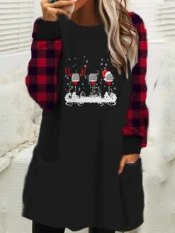 Women's Christmas Sweatshirt Dress Winter Dress Mini Dress Black Wine White Long Sleeve Plaid Snowflake Pocket Print Winter Fall Crew Neck Casual Loose Fit 2022 S M L XL XXL 3XL -Casual Print Dress Sales dvntbw1666927461674