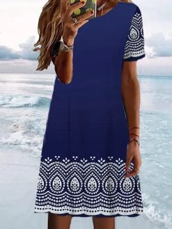 Women's T Shirt Dress Casual Dress Ethnic Dress Graphic Floral Print Crew Neck Mini Dress Fashion Ethnic Daily Holiday Short Sleeve Regular Fit Light Pink Black Dark Blue Summer Spring S M L XL XXL -Casual Print Dress Sales dwjpot1677553198846