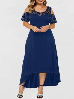 Women‘s Plus Size Curve Party Dress Lace Dress A Line Dress Solid Color Long Dress Maxi Dress Short Sleeve Lace Crew Neck Modern Party Black Red Spring Summer XL XXL 3XL 4XL 5XL