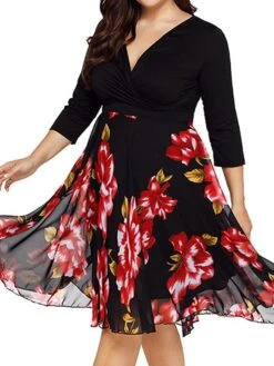 Women‘s Plus Size Curve Holiday Dress Floral V Neck Print Half Sleeve Fall Winter Casual Midi Dress Daily Dress