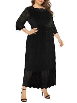 Women‘s Plus Size Curve Prom Dress Party Dress Lace Dress Long Dress Maxi Dress Black 3/4 Length Sleeve Pure Color Lace Summer Spring Fall Square Neck Fashion Winter Dress Birthday Evening -Casual Print Dress Sales dxlfbg1691399448299