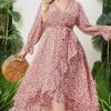 Women's Plus Size Curve Work Dress Swing Dress Semi Formal Dress Fashion Midi Dress Lace Up Ruffle V Neck Long Sleeve Floral Loose Fit Pink Fall Winter L XL XXL 3XL 4XL