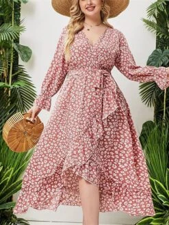 Women's Plus Size Curve Work Dress Swing Dress Semi Formal Dress Fashion Midi Dress Lace Up Ruffle V Neck Long Sleeve Floral Loose Fit Pink Fall Winter L XL XXL 3XL 4XL
