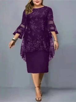 Women's Plus Size Curve Wedding Guest Dress Lace Party Dress Crew Neck Print 3/4 Length Sleeve Mother Dress Spring Fall Dress Elegant Formal Midi Dress Party Cocktail Dress -Casual Print Dress Sales dxmoti1663230307059