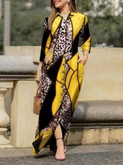 Women's Shirt Dress A Line Dress Maxi Long Dress Winter Dress Daily Holiday Polyester Elegant Modern Shirt Collar Patchwork Embroidered Long Sleeve Summer Spring Fall 2023 Regular Fit Yellow Red Green