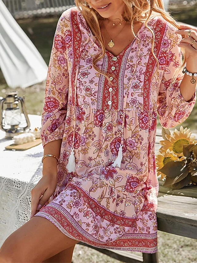 Women's Boho Dress Long Dress Maxi Dress Pink Beige Light Blue 3/4 Length Sleeve Floral Ruffle Fall Autumn V Neck Weekend Loose Fit 2023 S M L XL 1 Women's Boho Dress Long Dress Maxi Dress Pink Beige Light Blue 3/4 Length Sleeve Floral Ruffle Fall Autumn V Neck Weekend Loose Fit 2023 S M L XL