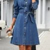 Women's Shirt Dress Casual Dress Mini Dress Outdoor Daily Vacation Denim Fashion Classic Shirt Collar Lace Up Button Long Sleeve Fall Winter 2023 Loose Fit Blue Pure Color XS S M L